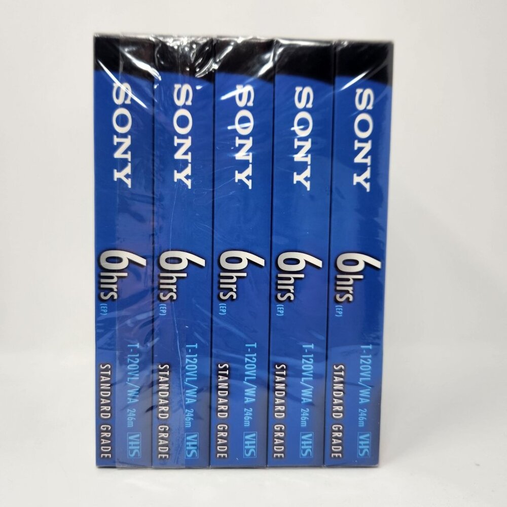 Sony 5-Pack T-120 VHS Standard Grade 6 Hours Blank Tapes Brilliant, Sealed